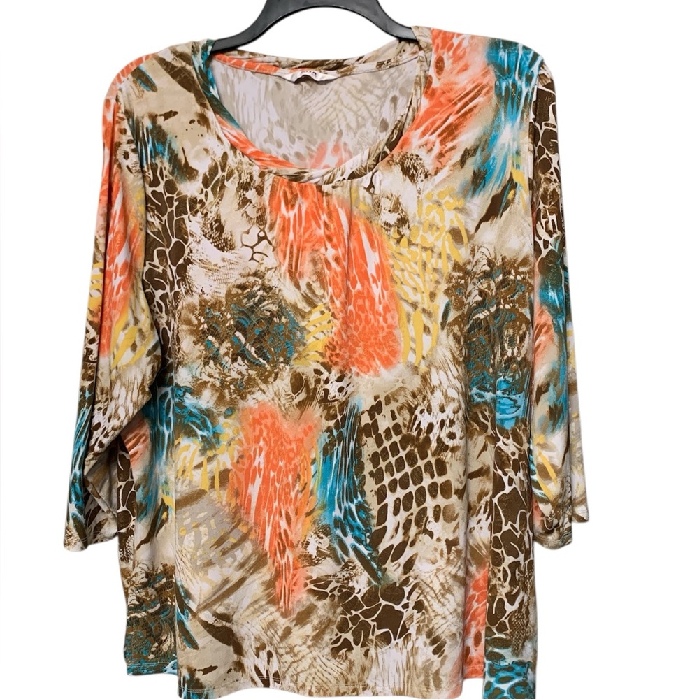 Alia Women's Earthy Tones Fabric Pull Over Blouse light blue Browns and orange